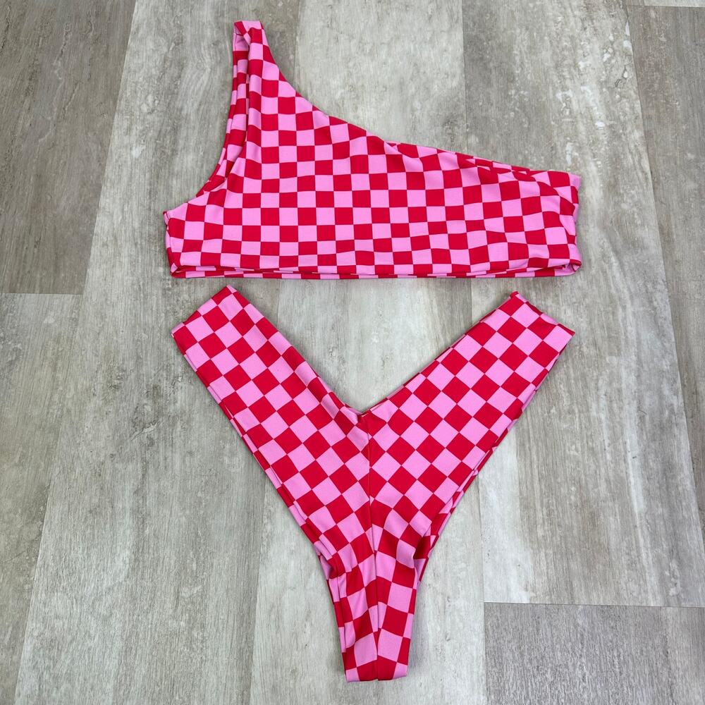 Skatie Bikini TOP ONLY Daytona Pink & Red Checkered One-Shoulder top - Picture 3 of 4